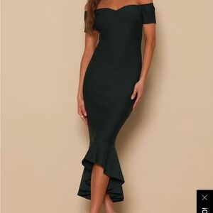 Lulu's Green Ruched Off-Shoulder Bodycon Midi Dress